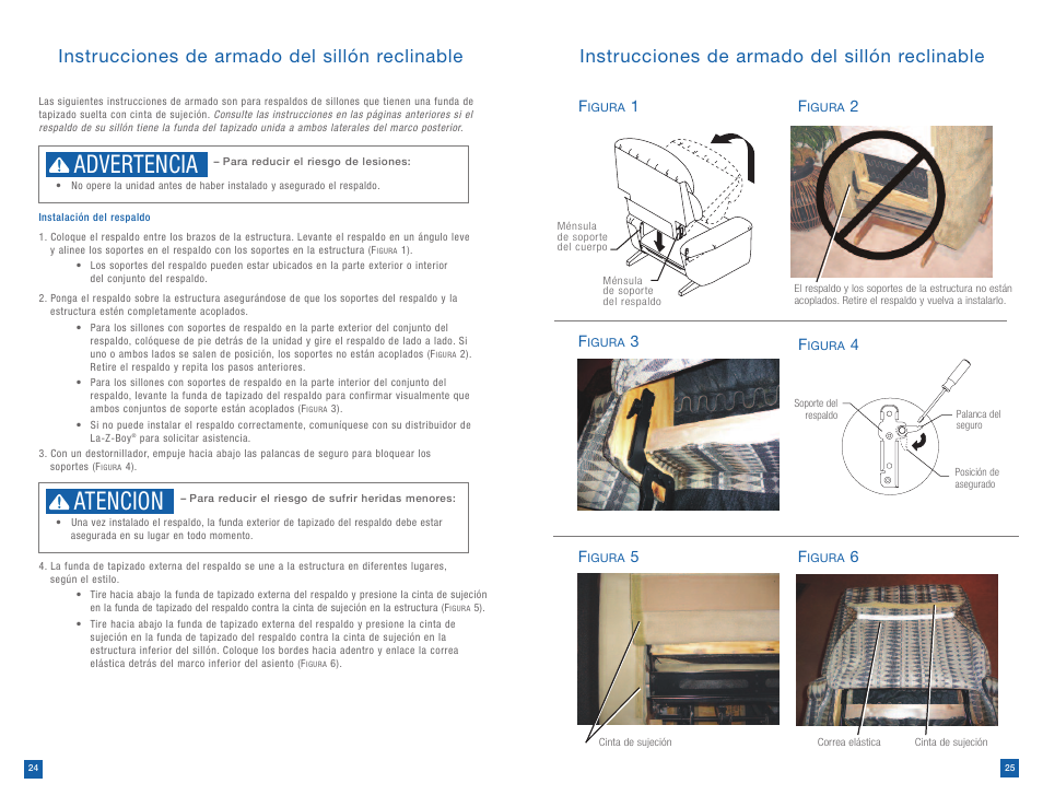 Advertencia, Atencion, Instrucciones de armado del sillón reclinable | La-Z-Boy Reclining Chair after 12/31/2012 User Manual | Page 13 / 25