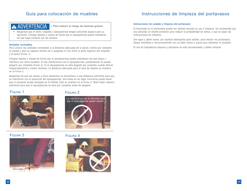 Advertencia, Guía para colocación de muebles, Instrucciones de limpieza del portavasos | La-Z-Boy Reclining Chair after 12/31/2012 User Manual | Page 17 / 25