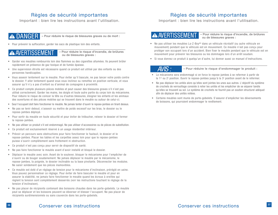 Avis, Danger avertissement, Avertissement | Règles de sécurité importantes, Conserver ces instructions | La-Z-Boy Reclining Chair after 12/31/2012 User Manual | Page 19 / 25