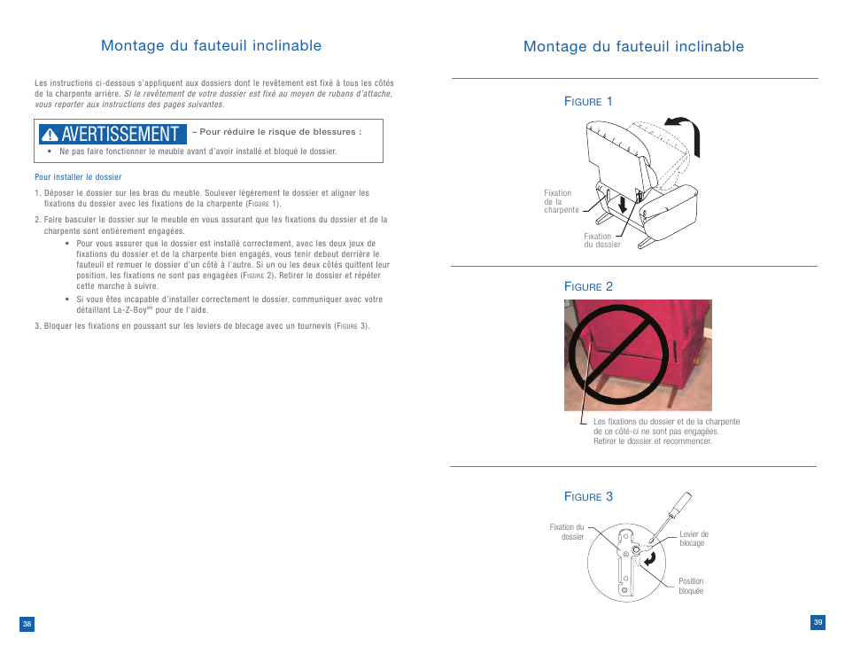 Avertissement, Montage du fauteuil inclinable | La-Z-Boy Reclining Chair after 12/31/2012 User Manual | Page 20 / 25