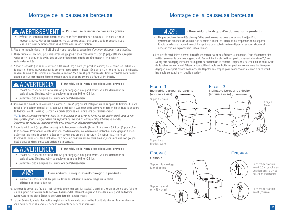 Avis, Avertissement, Advertencia | Montage de la causeuse berceuse | La-Z-Boy Reclining Chair after 12/31/2012 User Manual | Page 22 / 25