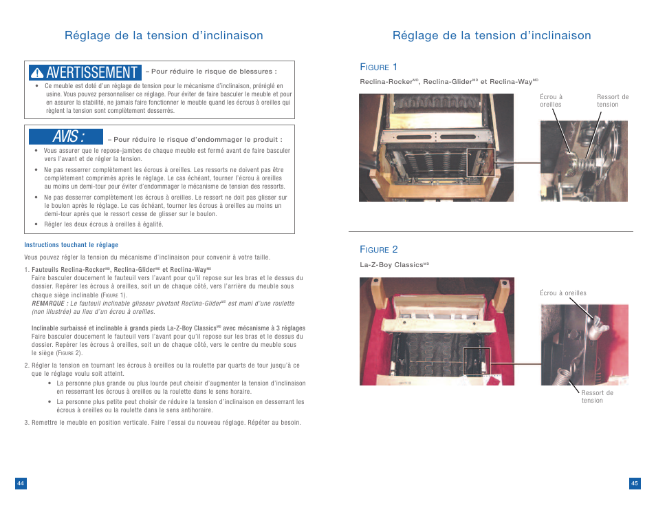 Avis, Avertissement, Réglage de la tension d’inclinaison | La-Z-Boy Reclining Chair after 12/31/2012 User Manual | Page 23 / 25