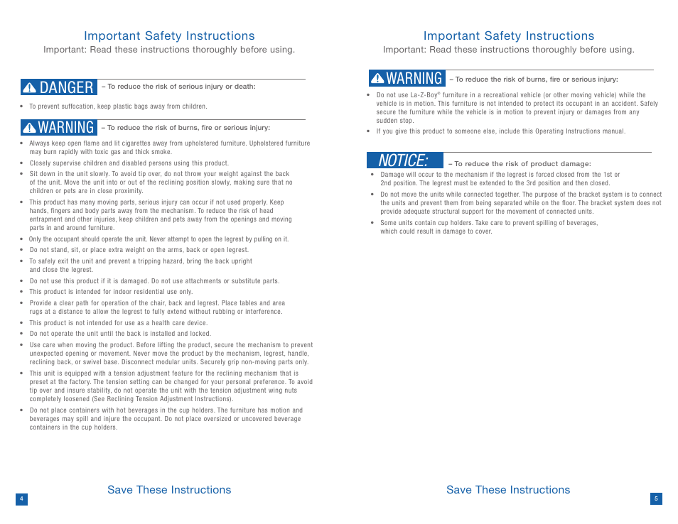 Notice, Danger warning, Warning | Important safety instructions, Save these instructions | La-Z-Boy Reclining Chair after 12/31/2012 User Manual | Page 3 / 25