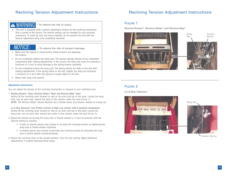 Notice, Warning, Reclining tension adjustment instructions | La-Z-Boy Reclining Chair after 12/31/2012 User Manual | Page 7 / 25