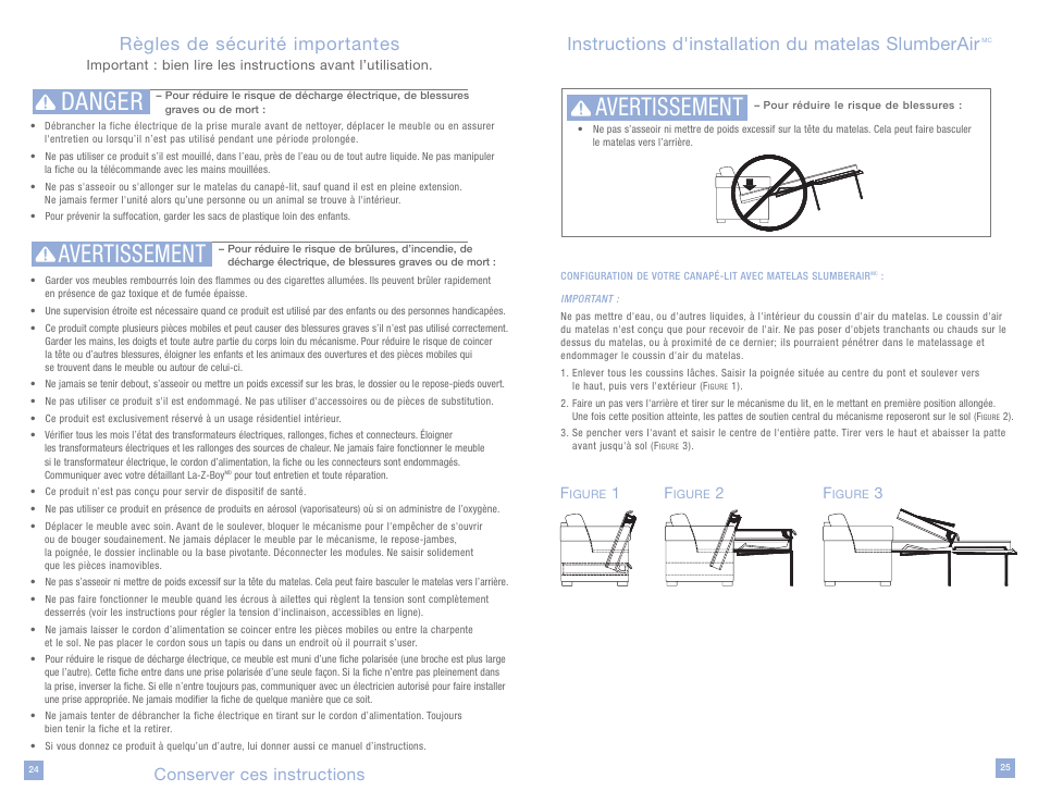 Danger avertissement, Avertissement, Règles de sécurité importantes | Instructions d'installation du matelas slumberair, Conserver ces instructions | La-Z-Boy SlumberAir Mattress System User Manual | Page 13 / 16