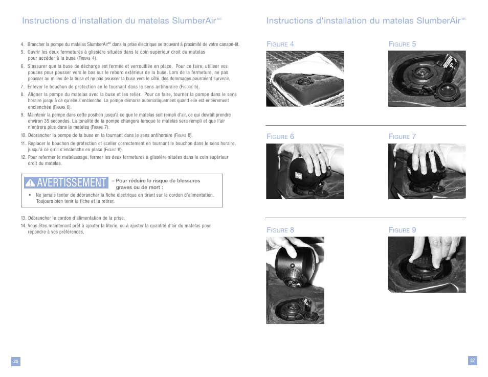 Avertissement, Instructions d'installation du matelas slumberair | La-Z-Boy SlumberAir Mattress System User Manual | Page 14 / 16