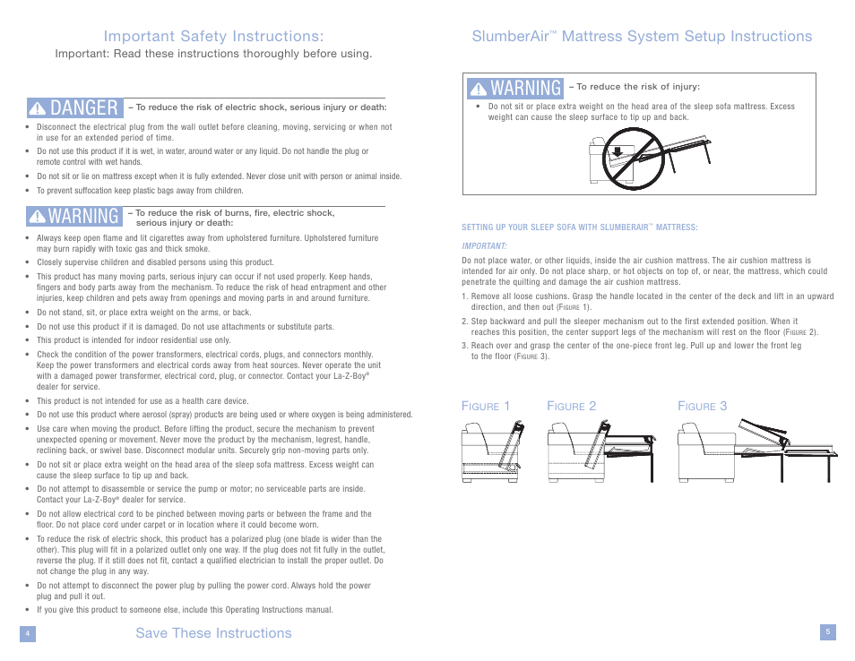 Danger warning, Warning, Important safety instructions | Slumberair, Mattress system setup instructions, Save these instructions | La-Z-Boy SlumberAir Mattress System User Manual | Page 3 / 16