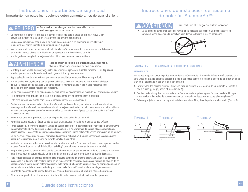 Advertencia, Peligro advertencia, Instrucciones importantes de seguridad | Guarde estas instrucciones | La-Z-Boy SlumberAir Mattress System User Manual | Page 8 / 16