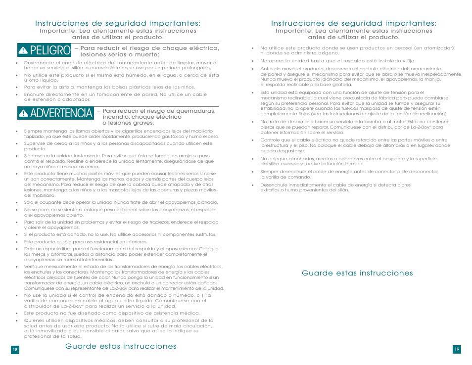 Peligro advertencia | La-Z-Boy AirSpa Massage System User Manual | Page 10 / 22