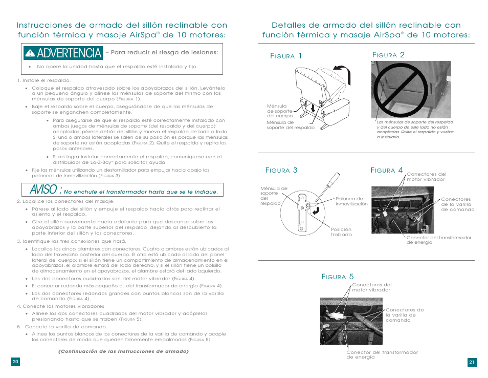 Aviso, Advertencia, De 10 motores: f | De 10 motores | La-Z-Boy AirSpa Massage System User Manual | Page 11 / 22