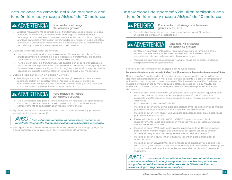 Aviso, Advertencia, Peligro | De 10 motores | La-Z-Boy AirSpa Massage System User Manual | Page 12 / 22