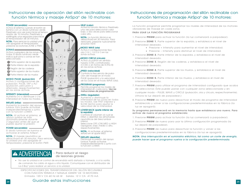 Advertencia, De 10 motores | La-Z-Boy AirSpa Massage System User Manual | Page 13 / 22