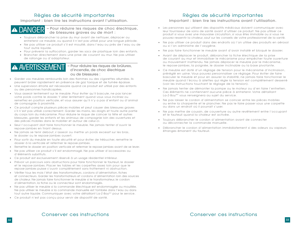 Danger avertissement | La-Z-Boy AirSpa Massage System User Manual | Page 17 / 22