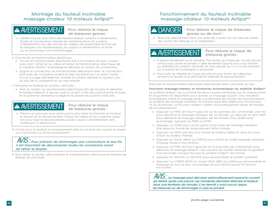 Avis, Avertissement, Danger | La-Z-Boy AirSpa Massage System User Manual | Page 19 / 22