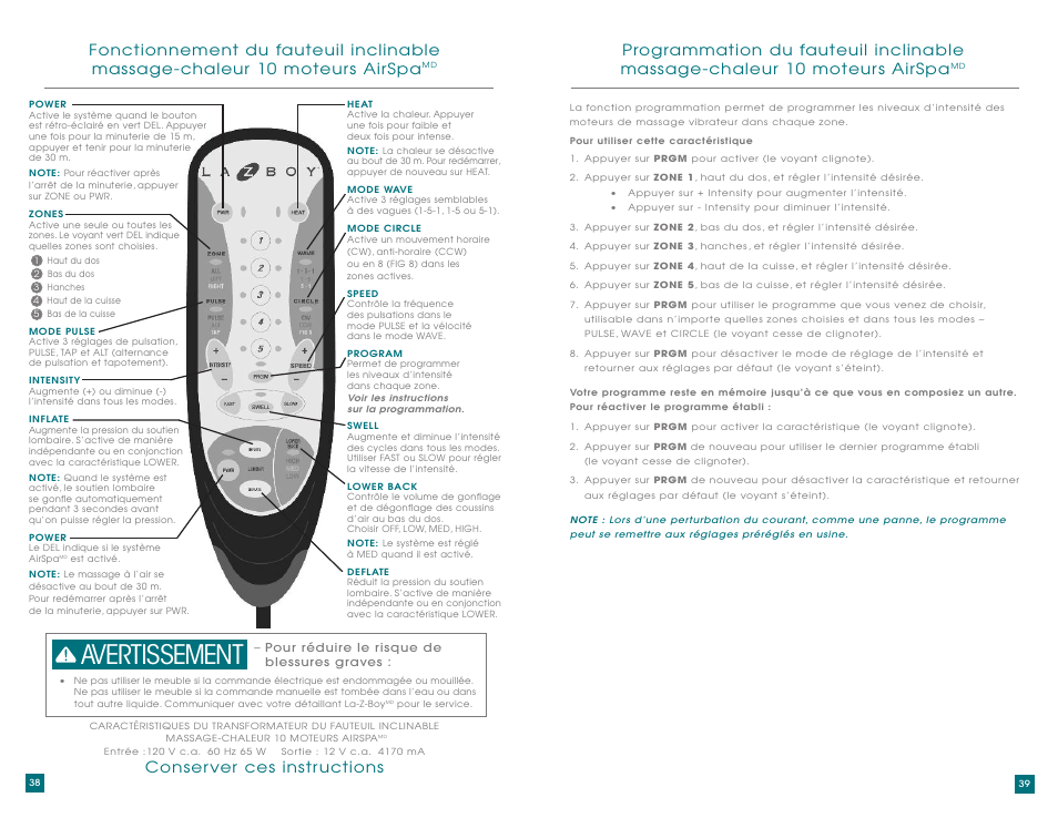 Avertissement | La-Z-Boy AirSpa Massage System User Manual | Page 20 / 22