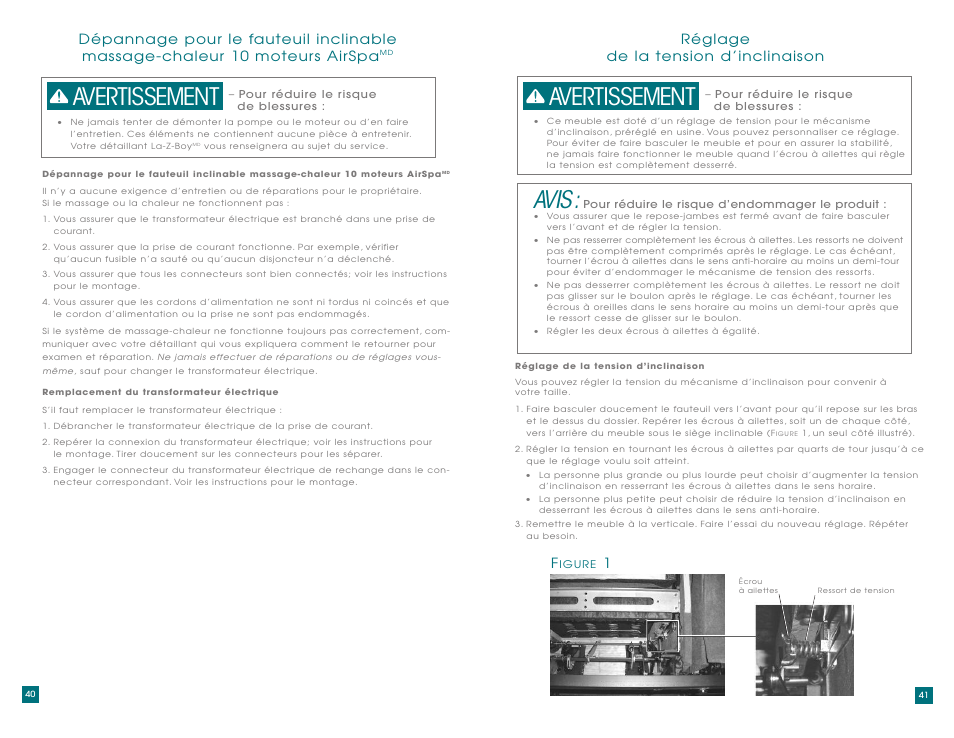 Avis, Avertissement, Réglage de la tension d’inclinaison | La-Z-Boy AirSpa Massage System User Manual | Page 21 / 22