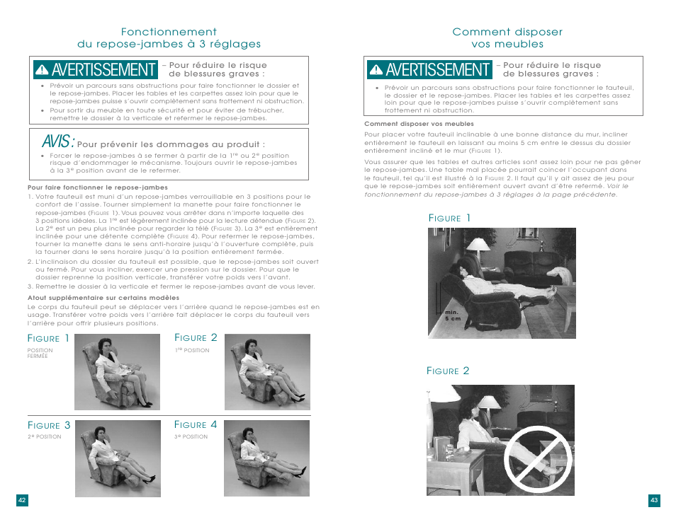 Avis, Avertissement, Fonctionnement du repose-jambes à 3 réglages f | Comment disposer vos meubles f | La-Z-Boy AirSpa Massage System User Manual | Page 22 / 22