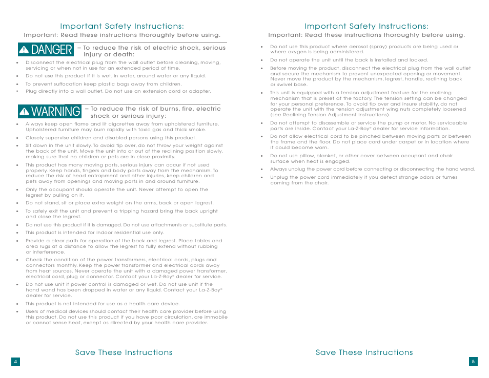 Danger warning | La-Z-Boy AirSpa Massage System User Manual | Page 3 / 22