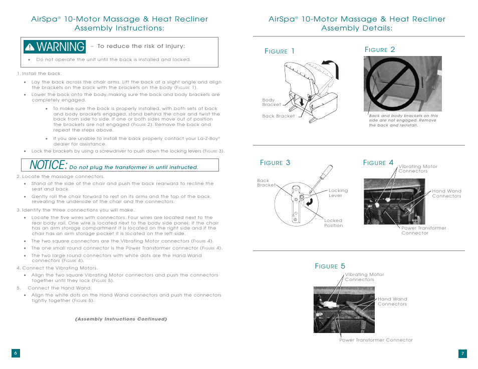 Notice, Warning, Airspa | Motor massage & heat recliner assembly details: f | La-Z-Boy AirSpa Massage System User Manual | Page 4 / 22