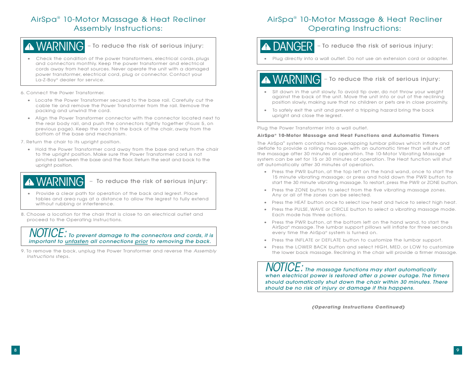 Notice, Warning, Warning danger | Airspa | La-Z-Boy AirSpa Massage System User Manual | Page 5 / 22