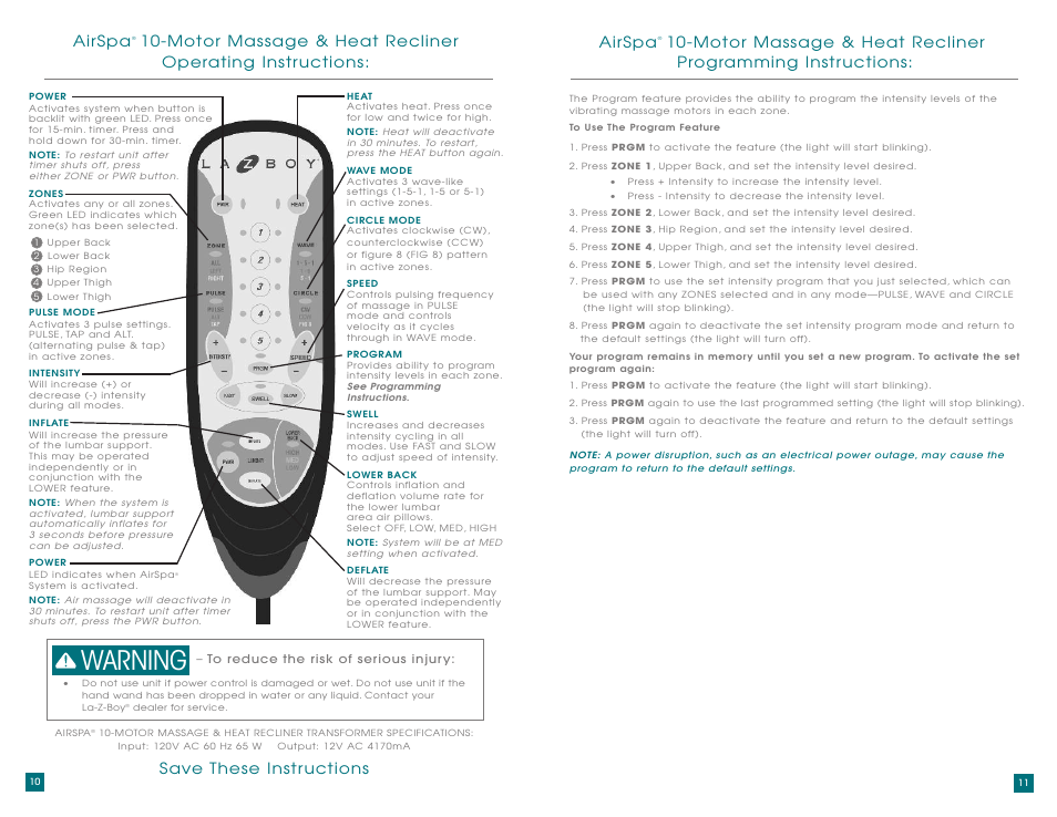 Warning, Airspa, Save these instr uctions airspa | La-Z-Boy AirSpa Massage System User Manual | Page 6 / 22