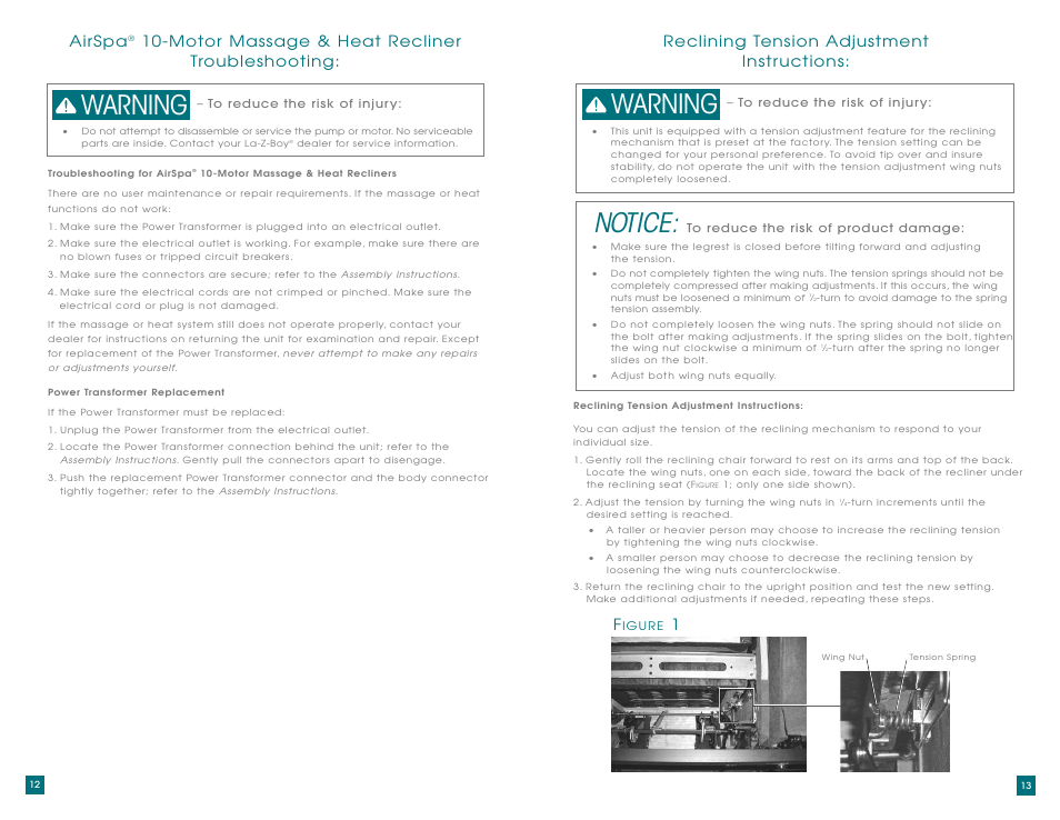 Notice, Warning, Airspa | Motor massage & heat recliner troubleshooting, Reclining tension adjustment instr uctions | La-Z-Boy AirSpa Massage System User Manual | Page 7 / 22