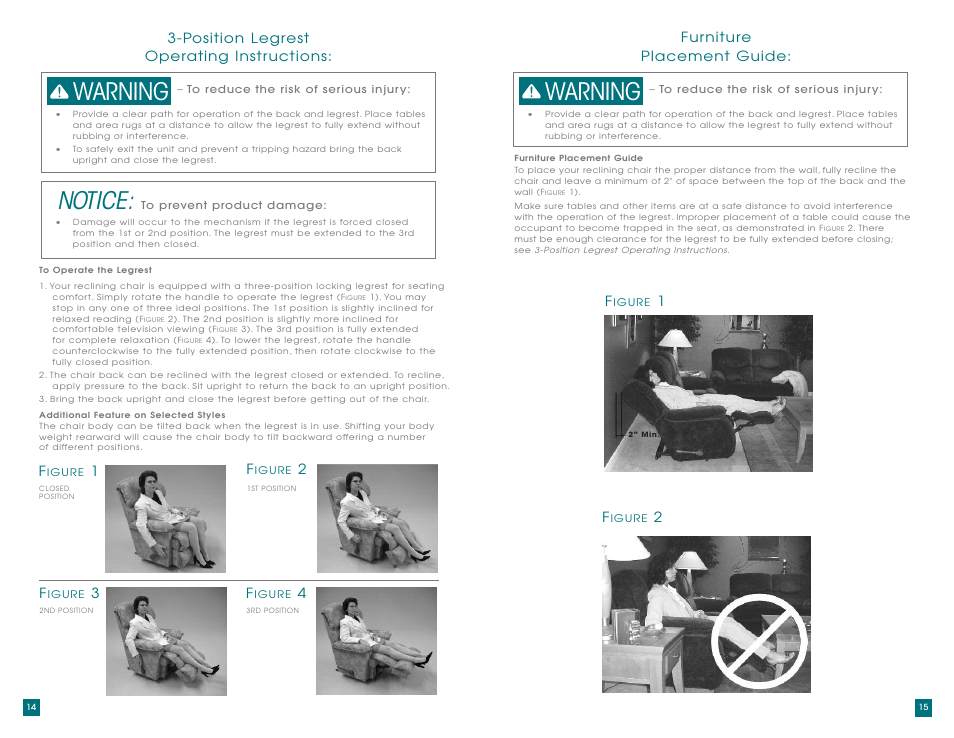 Notice, Warning, Position legrest operating instr uctions: f | Fur niture placement guide: f | La-Z-Boy AirSpa Massage System User Manual | Page 8 / 22