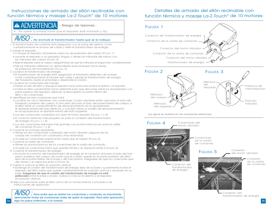 Aviso, Advertencia, De 10 motores: f | De 10 motores | La-Z-Boy La-Z-Touch Massage System prior to 10/18/2010 User Manual | Page 18 / 31