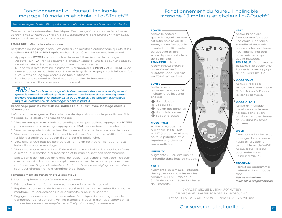 Avis, Conser ver ces instr uctions | La-Z-Boy La-Z-Touch Massage System prior to 10/18/2010 User Manual | Page 29 / 31