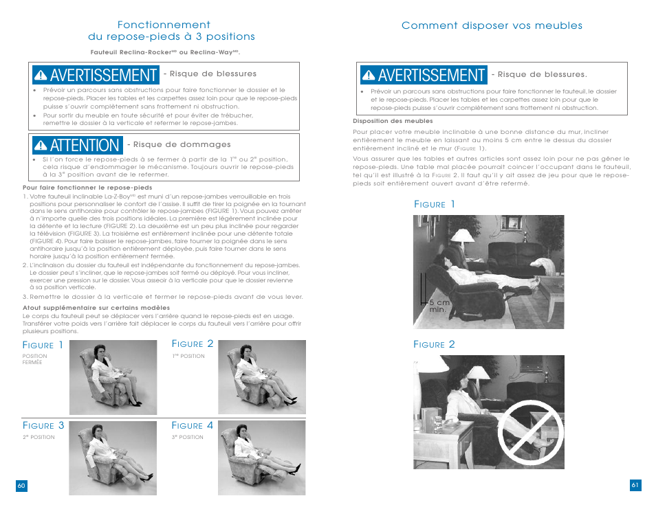 Avertissement attention avertissement, Fonctionnement du repose-pieds à 3 positions f, Comment disposer vos meubles f | La-Z-Boy La-Z-Touch Massage System prior to 10/18/2010 User Manual | Page 31 / 31