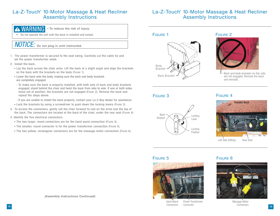 Notice, Warning, La-z-touch | La-Z-Boy La-Z-Touch Massage System 10/18/10-11/27/2011 User Manual | Page 10 / 40