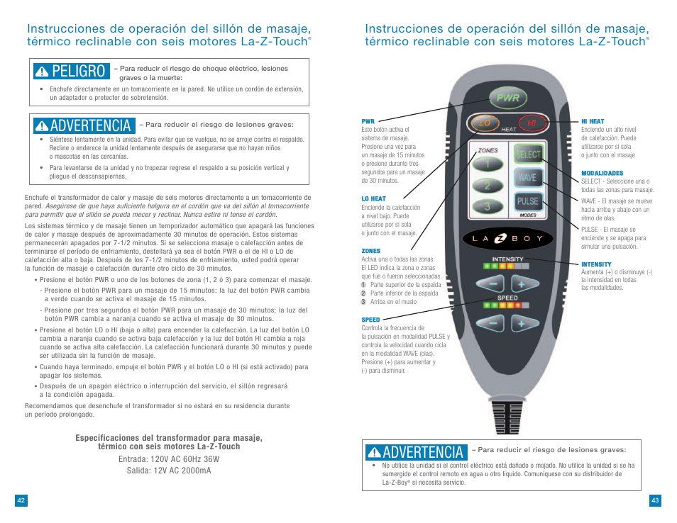 Peligro advertencia, Advertencia | La-Z-Boy La-Z-Touch Massage System 10/18/10-11/27/2011 User Manual | Page 22 / 40