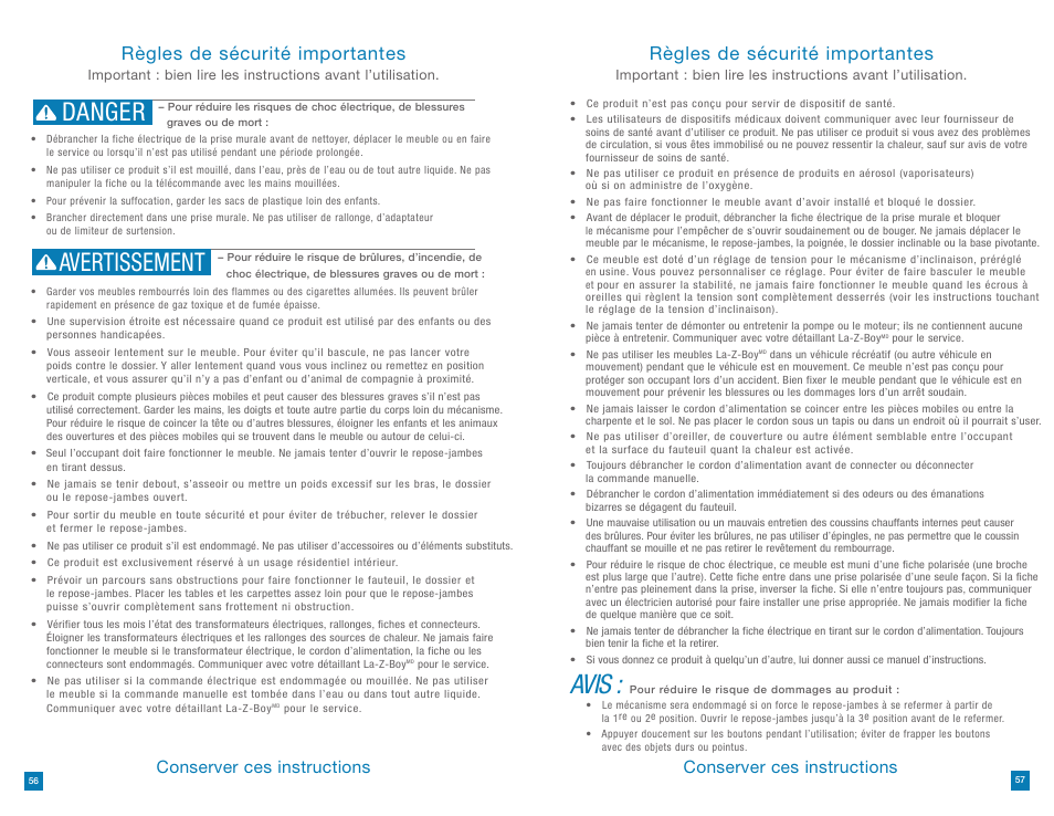 Avis, Danger avertissement, Règles de sécurité importantes | Conserver ces instructions | La-Z-Boy La-Z-Touch Massage System 10/18/10-11/27/2011 User Manual | Page 29 / 40
