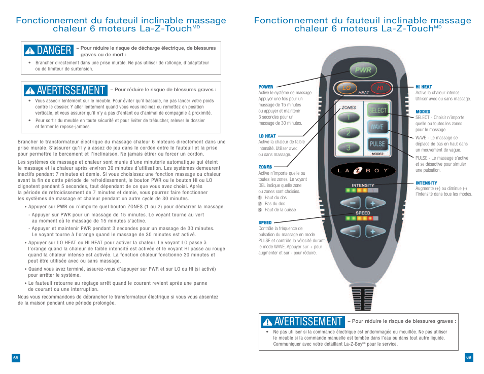 Danger, Avertissement | La-Z-Boy La-Z-Touch Massage System 11/27/2011-01/01/2013 User Manual | Page 35 / 40