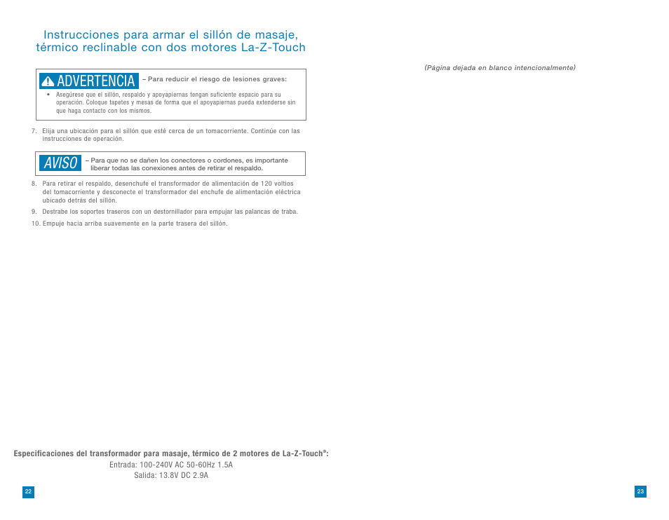 Advertencia, Aviso | La-Z-Boy La-Z-Touch Massage System after 08/11/2014 User Manual | Page 12 / 22