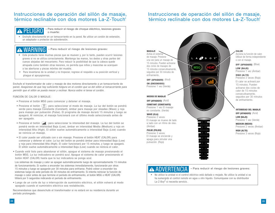 Peligro, Warning, Advertencia | La-Z-Boy La-Z-Touch Massage System after 08/11/2014 User Manual | Page 13 / 22