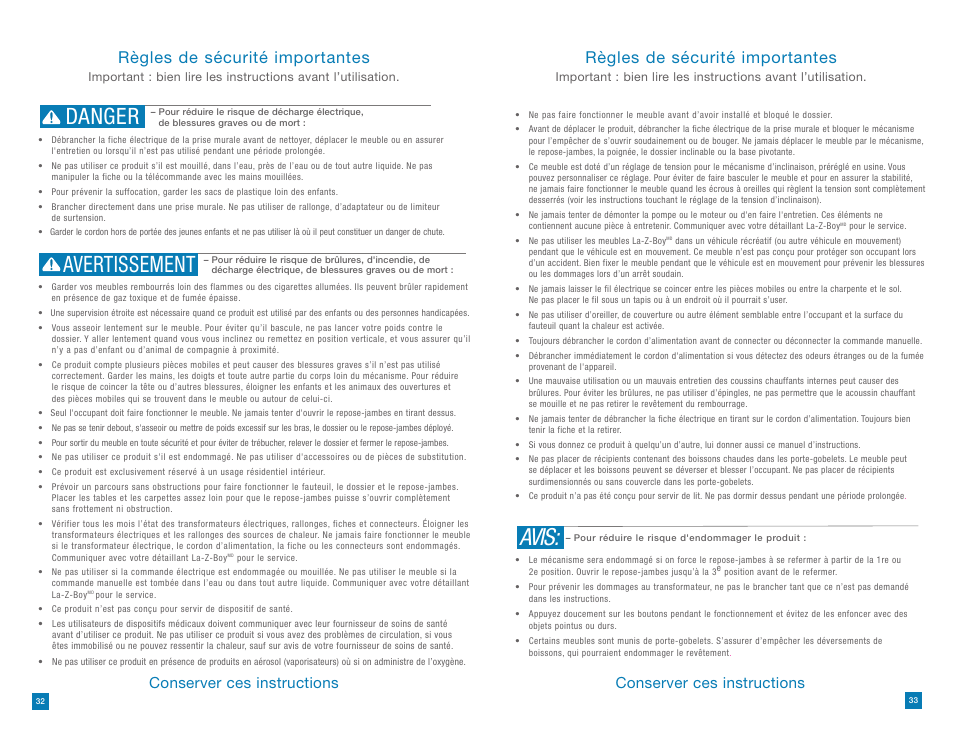 Avis, Danger avertissement, Règles de sécurité importantes | Conserver ces instructions | La-Z-Boy La-Z-Touch Massage System after 08/11/2014 User Manual | Page 17 / 22