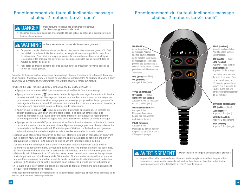 Danger, Warning, Avertissement | La-Z-Boy La-Z-Touch Massage System after 08/11/2014 User Manual | Page 20 / 22