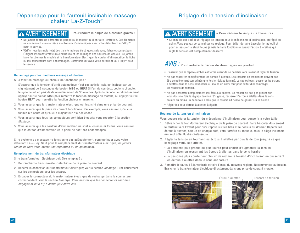Avis, Avertissement, Réglage de la tension d’inclinaison | La-Z-Boy La-Z-Touch Massage System after 08/11/2014 User Manual | Page 21 / 22