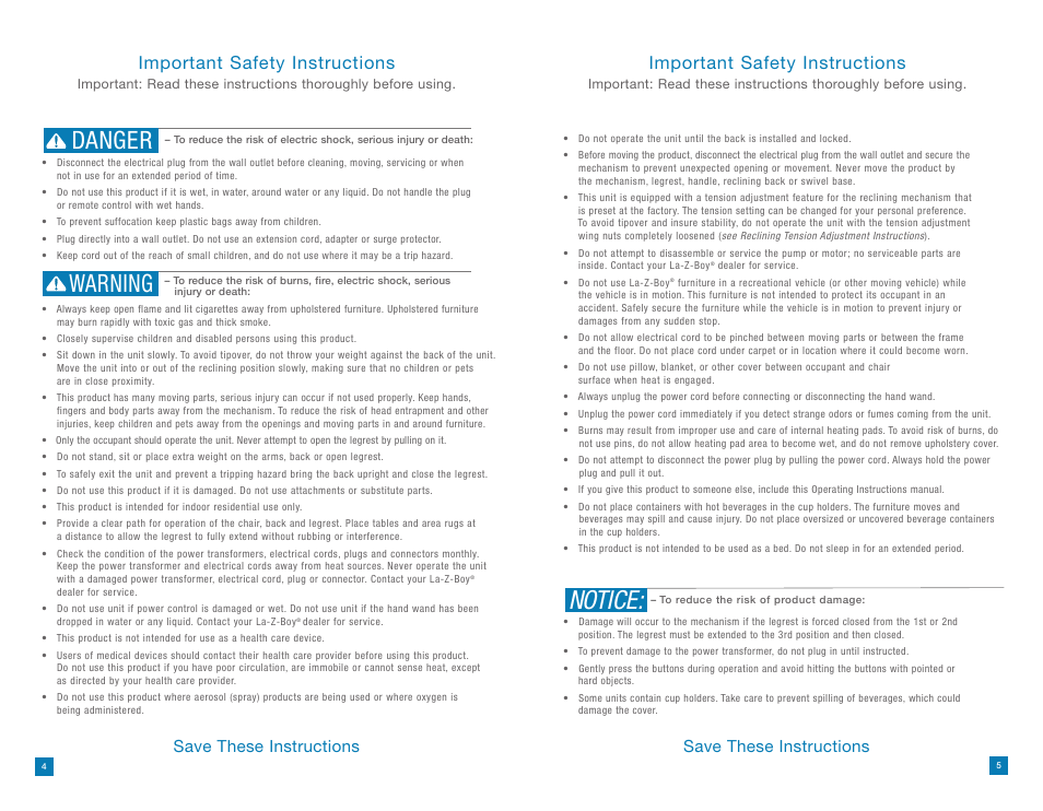 Notice, Danger warning, Important safety instructions | Save these instructions | La-Z-Boy La-Z-Touch Massage System after 08/11/2014 User Manual | Page 3 / 22