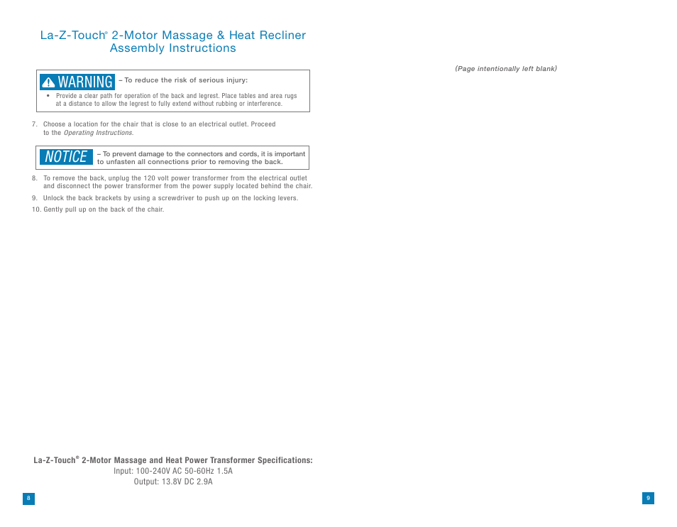 Warning, Notice, La-z-touch | La-Z-Boy La-Z-Touch Massage System after 08/11/2014 User Manual | Page 5 / 22