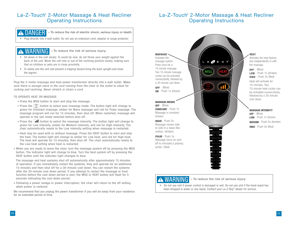 Danger, Warning, La-z-touch | La-Z-Boy La-Z-Touch Massage System after 08/11/2014 User Manual | Page 6 / 22