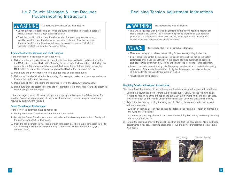 Warning, Notice, La-z-touch | La-Z-Boy La-Z-Touch Massage System after 08/11/2014 User Manual | Page 7 / 22