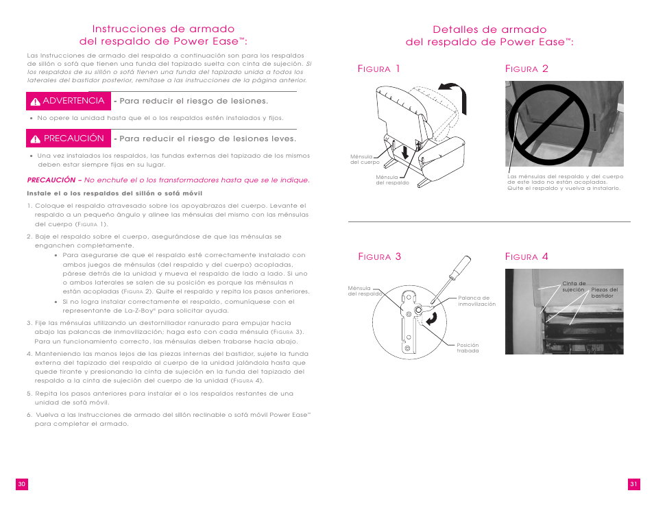 Instrucciones de armado del respaldo de power ease, Detalles de armado del respaldo de power ease | La-Z-Boy Power Recliner User Manual | Page 16 / 28