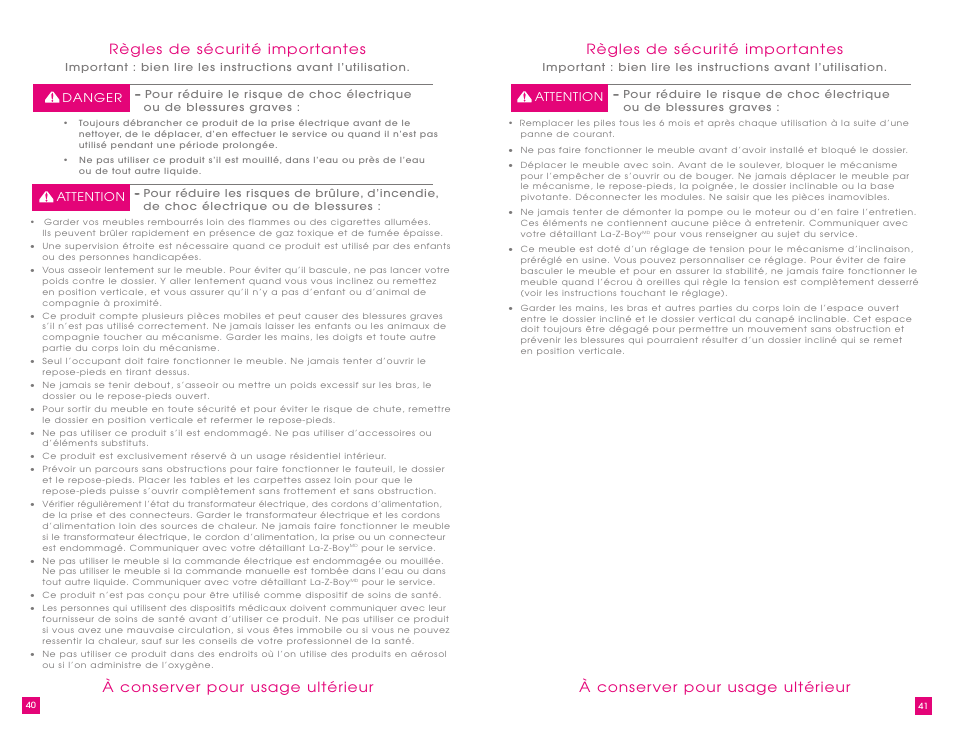 Règles de sécurité importantes, À conserver pour usage ultérieur | La-Z-Boy Power Recliner User Manual | Page 21 / 28