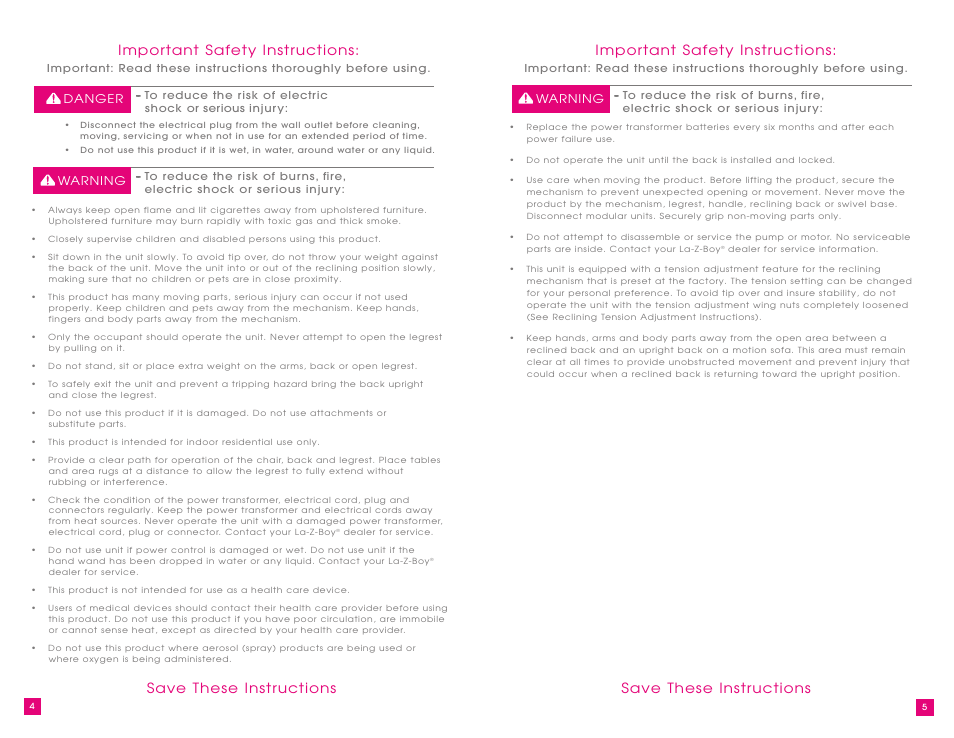 Important safety instructions, Save these instructions, Danger warning | Warning | La-Z-Boy Power Recliner User Manual | Page 3 / 28