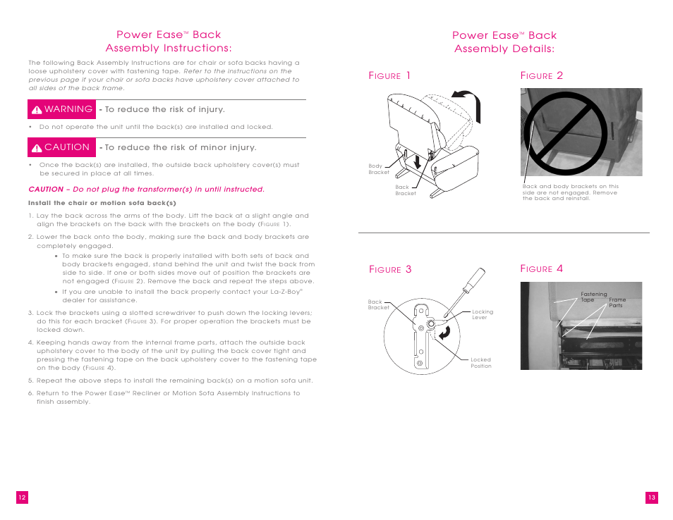 Power ease, Back assembly instructions, Back assembly details: f | La-Z-Boy Power Recliner User Manual | Page 7 / 28