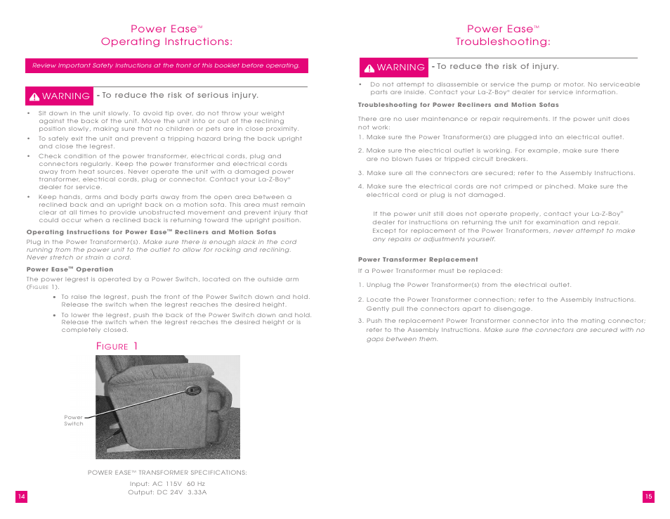 Power ease, Operating instructions, Troubleshooting | Warning | La-Z-Boy Power Recliner User Manual | Page 8 / 28