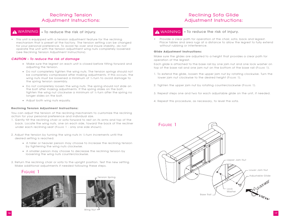Reclining tension adjustment instructions, Reclining sofa glide adjustment instructions, Warning | La-Z-Boy Power Recliner User Manual | Page 9 / 28