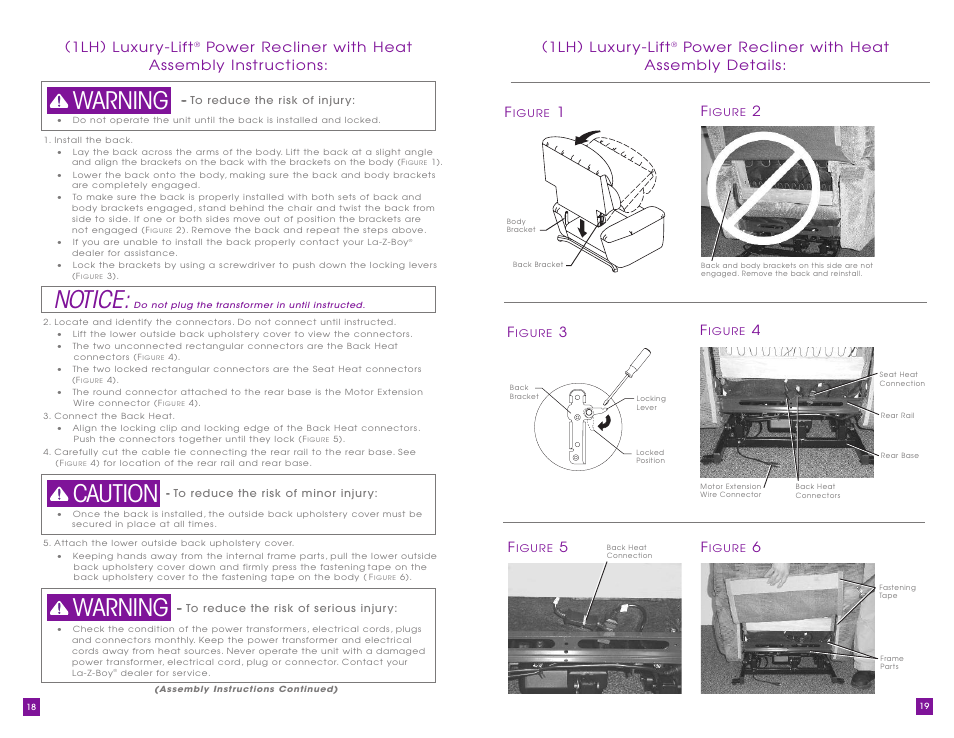 Notice, Warning, Warning caution | 1lh) luxur y-lift, Power recliner with heat assembly details: f | La-Z-Boy Luxury-Lift Power Recliner User Manual | Page 10 / 40